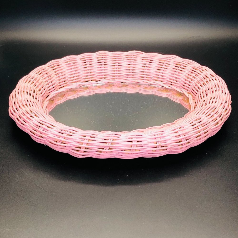 80s Pink Woven Wicker Oval Mirror Vintage Girly Bedroom Retro Wall Decor - Picture 5 of 10
